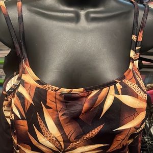 Plus size brown/black tropical swim/tankini top with straps, elastic inside
